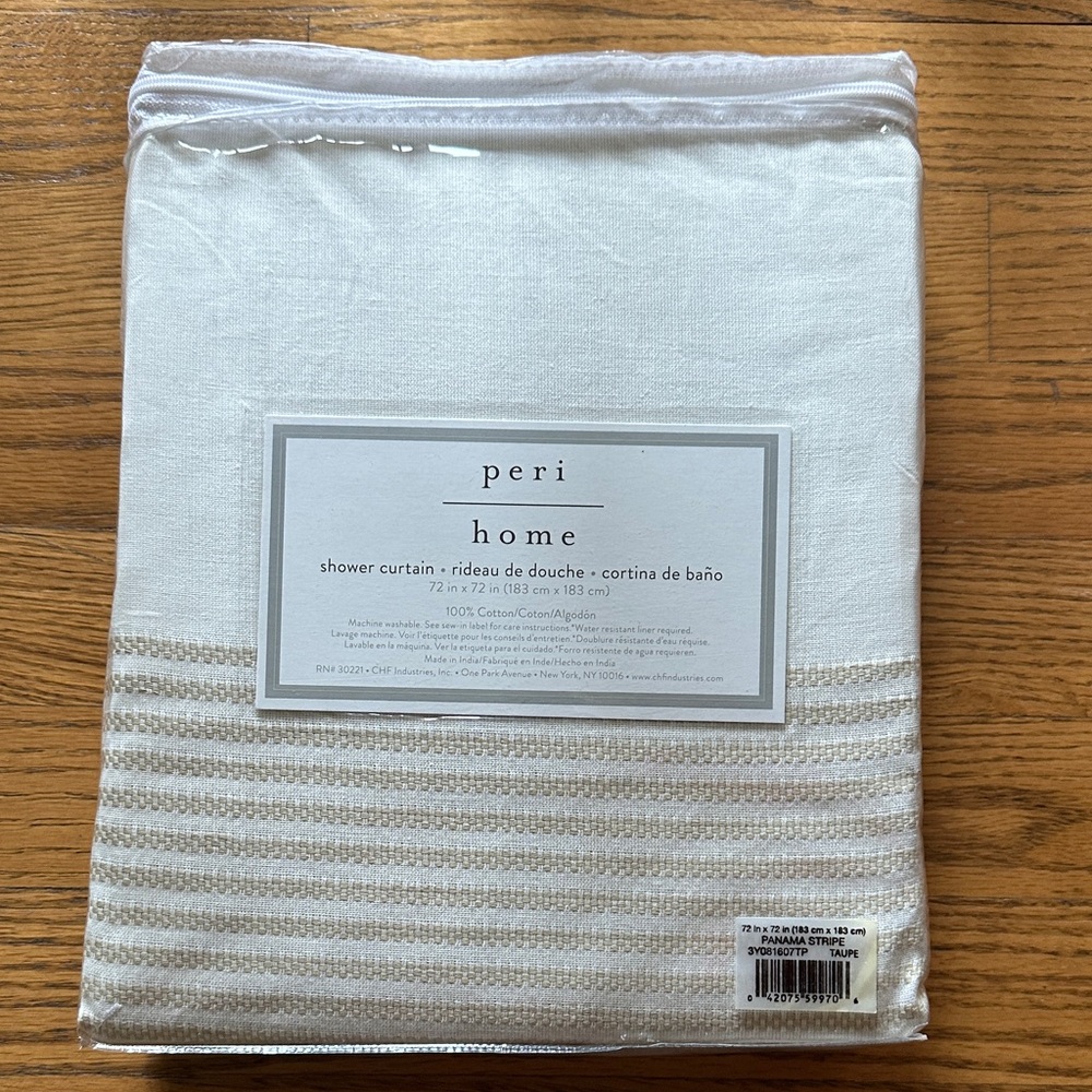 Peri Home Panama Stripe White and Tan Shower Curtain